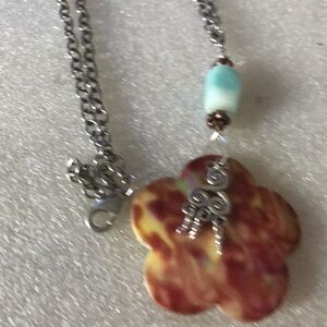 Silver Chain Necklace with Multicolor mop Flower Pendant and Turquoise Accent